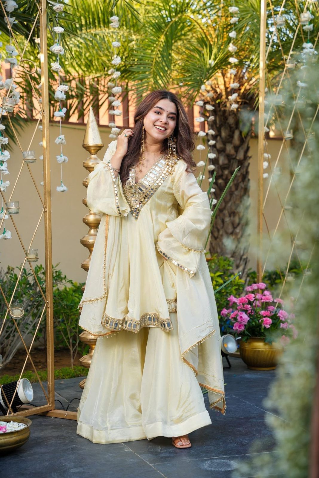 Women’s Designer 3-Piece Cosmos Suit Set | Mirror & Embroidery Work Top with Palazzo & Dupatta | Fully Stitched Festive Party Wear