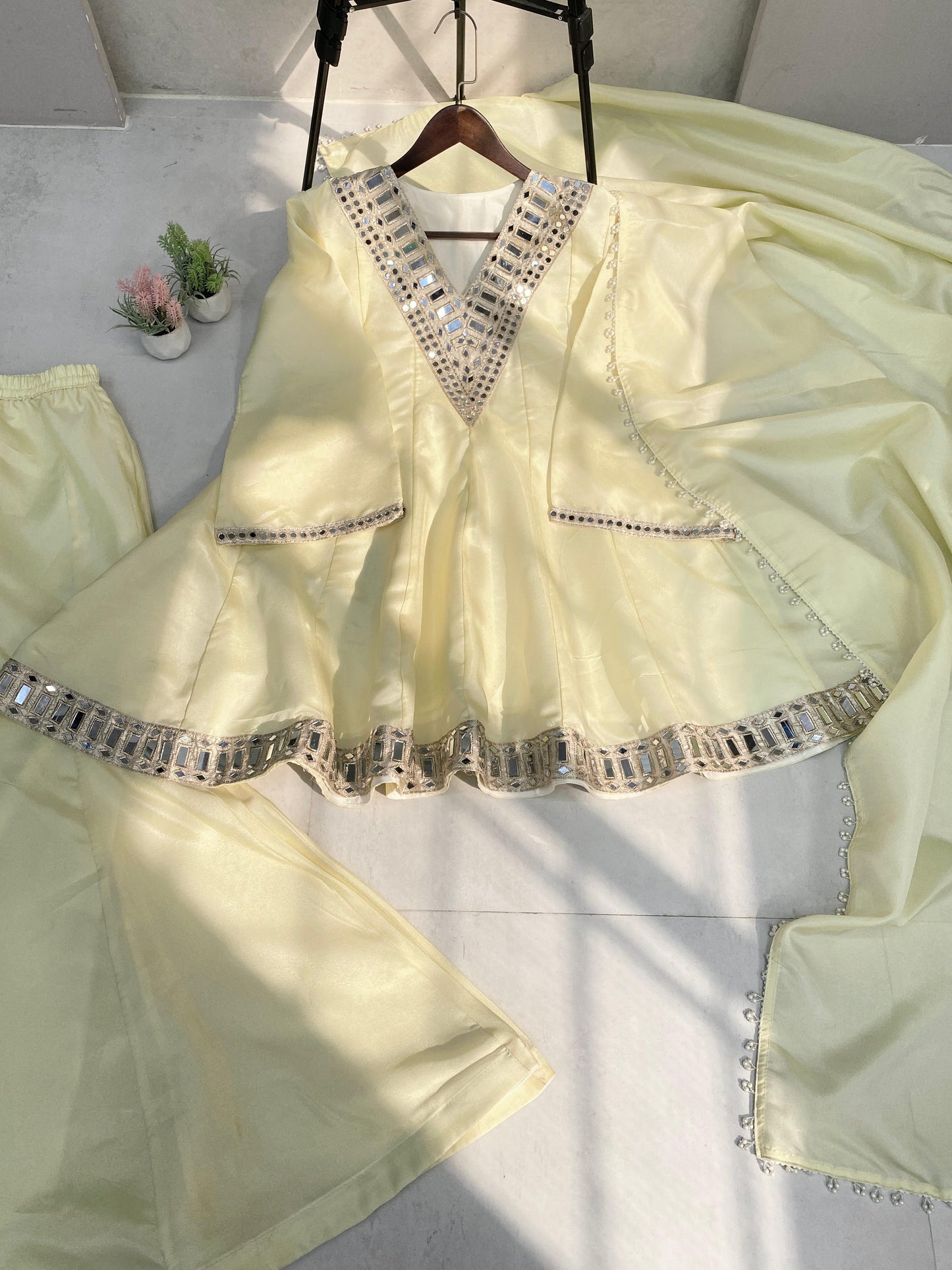 Women’s Designer 3-Piece Cosmos Suit Set | Mirror & Embroidery Work Top with Palazzo & Dupatta | Fully Stitched Festive Party Wear
