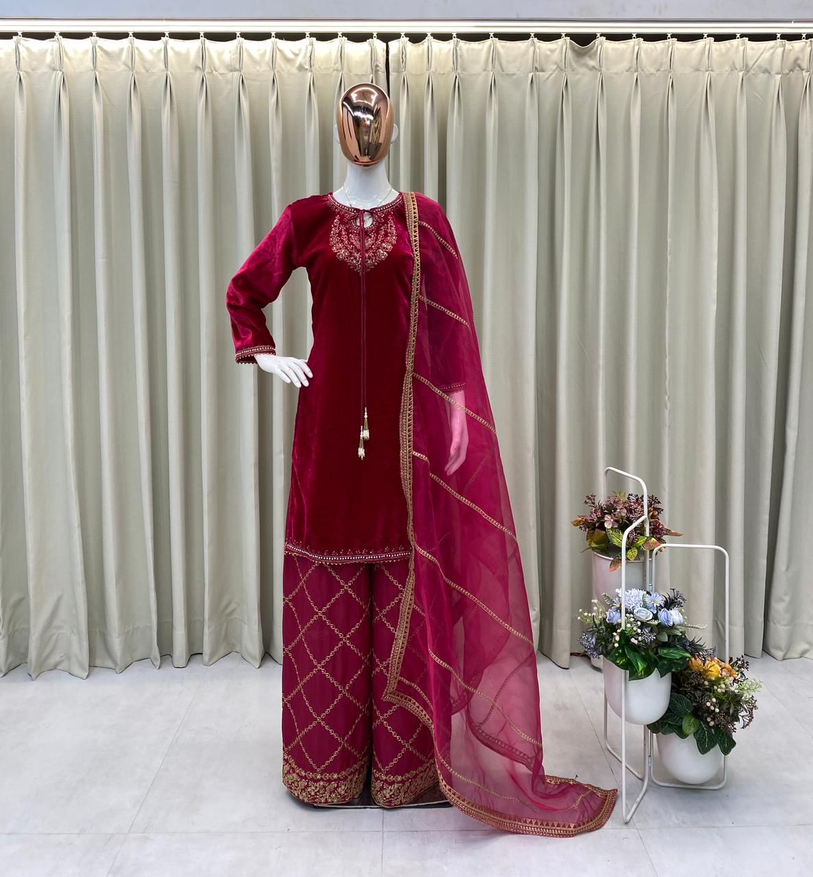 Women’s Velvet Designer Kurta Pant Dupatta Set | Winter Festive Wear with Sequence Embroidery | Fully Stitched Party & Wedding Outfit (M–XXL)