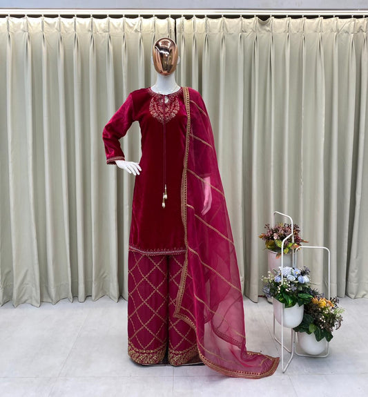 Women’s Velvet Designer Kurta Pant Dupatta Set | Winter Festive Wear with Sequence Embroidery | Fully Stitched Party & Wedding Outfit (M–XXL)