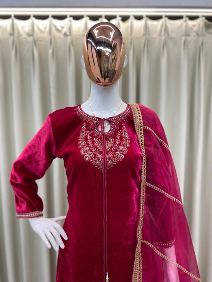 Women’s Velvet Designer Kurta Pant Dupatta Set | Winter Festive Wear with Sequence Embroidery | Fully Stitched Party & Wedding Outfit (M–XXL)