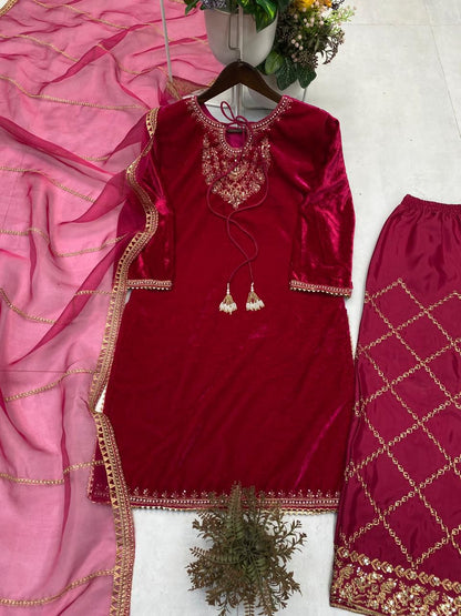 Women’s Velvet Designer Kurta Pant Dupatta Set | Winter Festive Wear with Sequence Embroidery | Fully Stitched Party & Wedding Outfit (M–XXL)