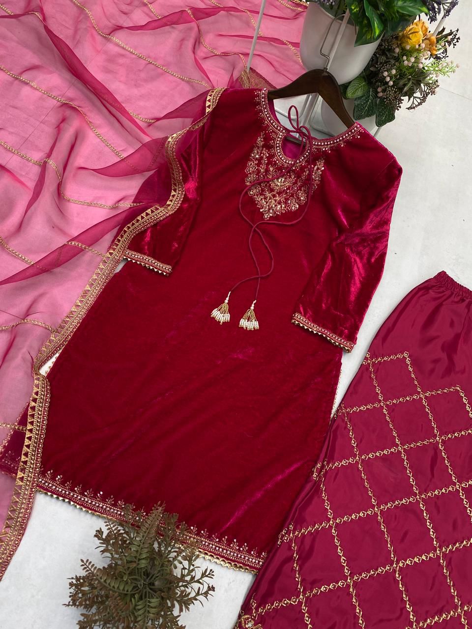 Women’s Velvet Designer Kurta Pant Dupatta Set | Winter Festive Wear with Sequence Embroidery | Fully Stitched Party & Wedding Outfit (M–XXL)