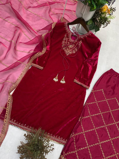 Women’s Velvet Designer Kurta Pant Dupatta Set | Winter Festive Wear with Sequence Embroidery | Fully Stitched Party & Wedding Outfit (M–XXL)
