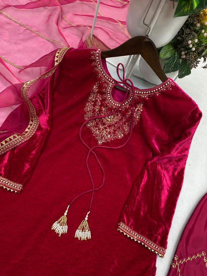 Women’s Velvet Designer Kurta Pant Dupatta Set | Winter Festive Wear with Sequence Embroidery | Fully Stitched Party & Wedding Outfit (M–XXL)