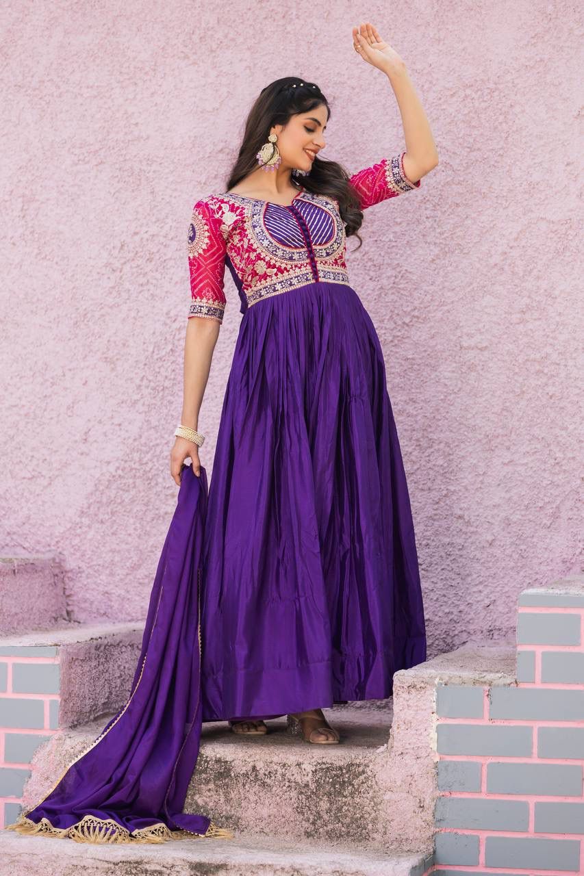 Pure Chinon Bandhej Long Gown Set with Dupatta | Heavy 3mm Sequence Embroidery | Fully Stitched Festive & Wedding Wear for Women (M–XXL)
