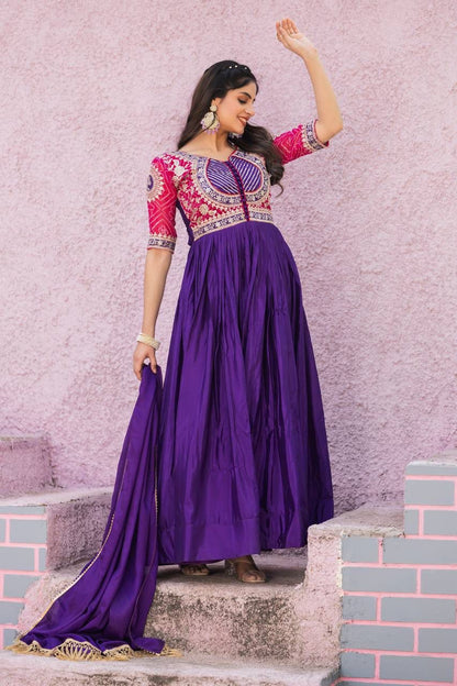 Pure Chinon Bandhej Long Gown Set with Dupatta | Heavy 3mm Sequence Embroidery | Fully Stitched Festive & Wedding Wear for Women (M–XXL)