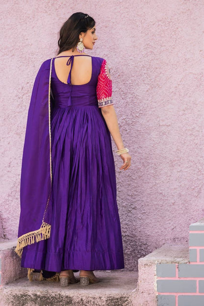 Pure Chinon Bandhej Long Gown Set with Dupatta | Heavy 3mm Sequence Embroidery | Fully Stitched Festive & Wedding Wear for Women (M–XXL)