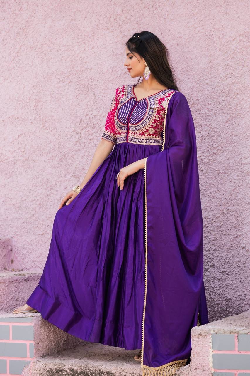 Pure Chinon Bandhej Long Gown Set with Dupatta | Heavy 3mm Sequence Embroidery | Fully Stitched Festive & Wedding Wear for Women (M–XXL)