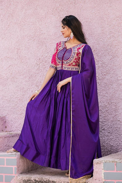 Pure Chinon Bandhej Long Gown Set with Dupatta | Heavy 3mm Sequence Embroidery | Fully Stitched Festive & Wedding Wear for Women (M–XXL)