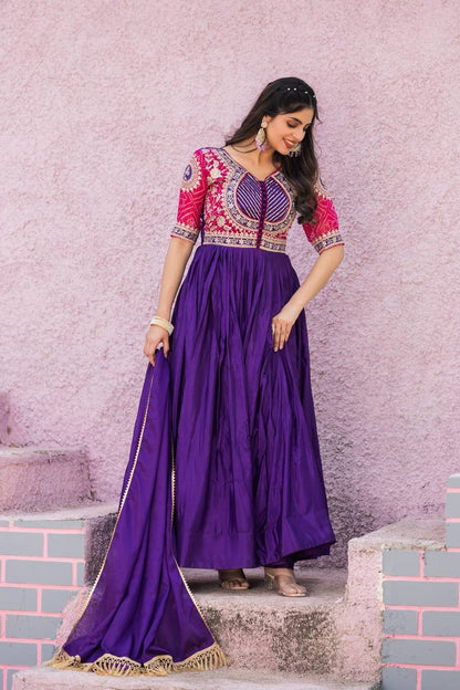 Pure Chinon Bandhej Long Gown Set with Dupatta | Heavy 3mm Sequence Embroidery | Fully Stitched Festive & Wedding Wear for Women (M–XXL)