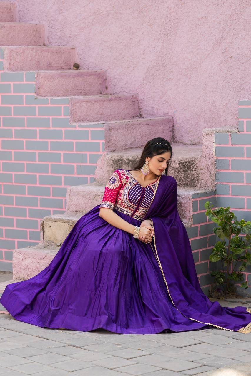 Pure Chinon Bandhej Long Gown Set with Dupatta | Heavy 3mm Sequence Embroidery | Fully Stitched Festive & Wedding Wear for Women (M–XXL)
