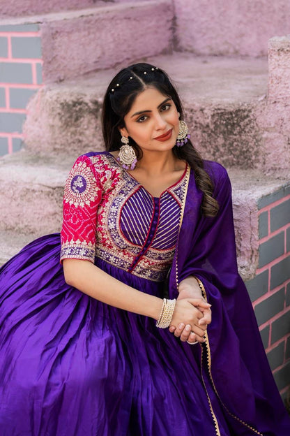Pure Chinon Bandhej Long Gown Set with Dupatta | Heavy 3mm Sequence Embroidery | Fully Stitched Festive & Wedding Wear for Women (M–XXL)