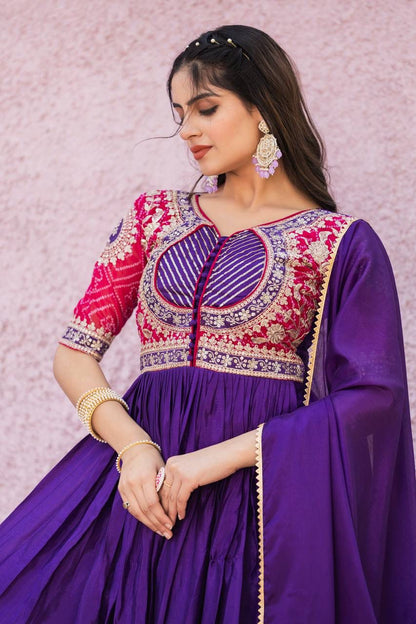 Pure Chinon Bandhej Long Gown Set with Dupatta | Heavy 3mm Sequence Embroidery | Fully Stitched Festive & Wedding Wear for Women (M–XXL)
