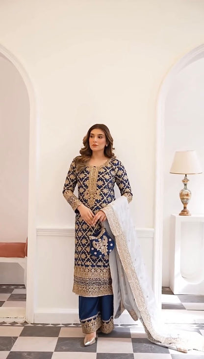 Premium 3-Piece Designer Plazzo Set With Heavy Faux Georgette Fabric