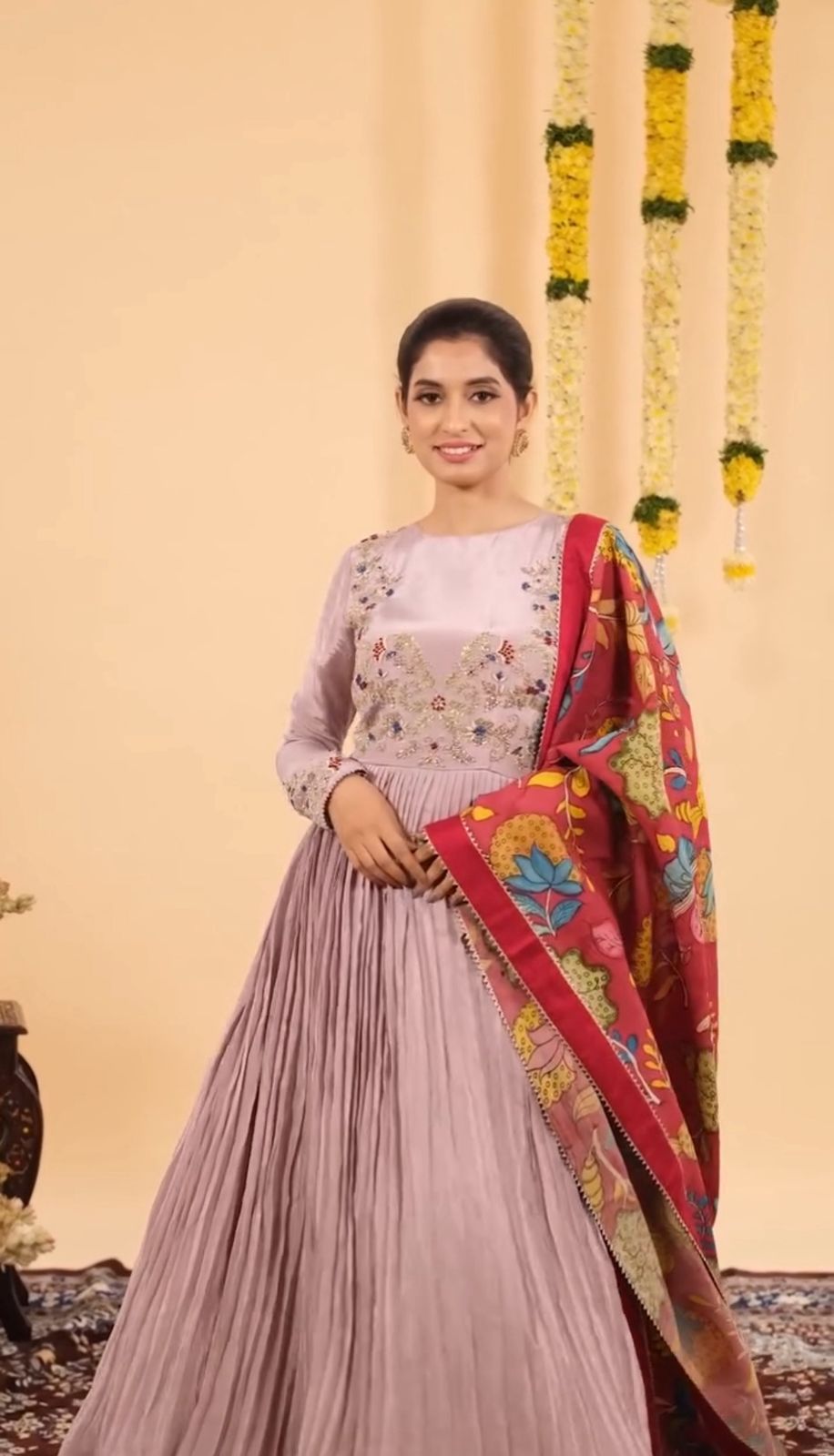 Pink 3 Meter Flair Embroidered Chinon Gown with a stunning Kalamkari-print dupatta