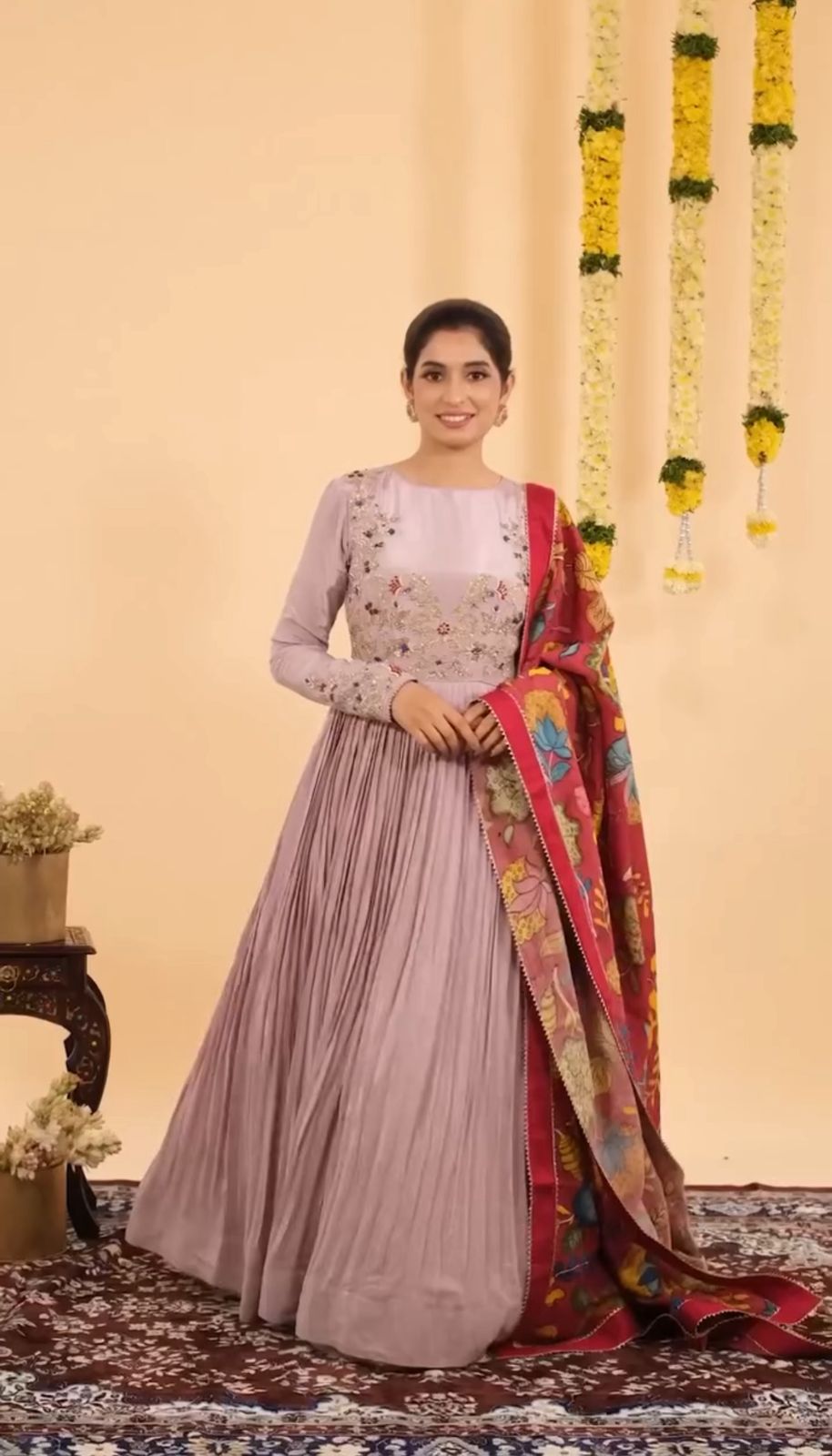 Pink 3 Meter Flair Embroidered Chinon Gown with a stunning Kalamkari-print dupatta
