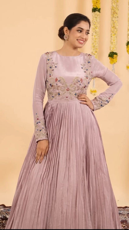 Pink 3 Meter Flair Embroidered Chinon Gown with a stunning Kalamkari-print dupatta