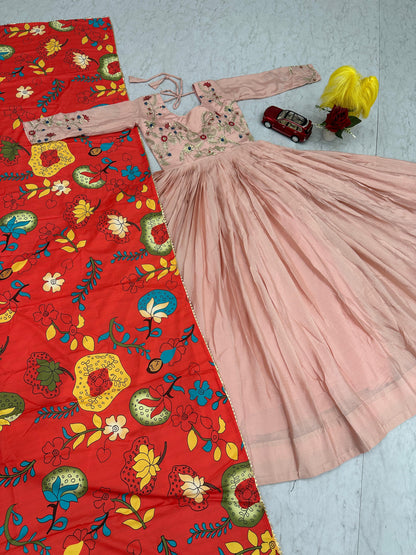 Pink 3 Meter Flair Embroidered Chinon Gown with a stunning Kalamkari-print dupatta