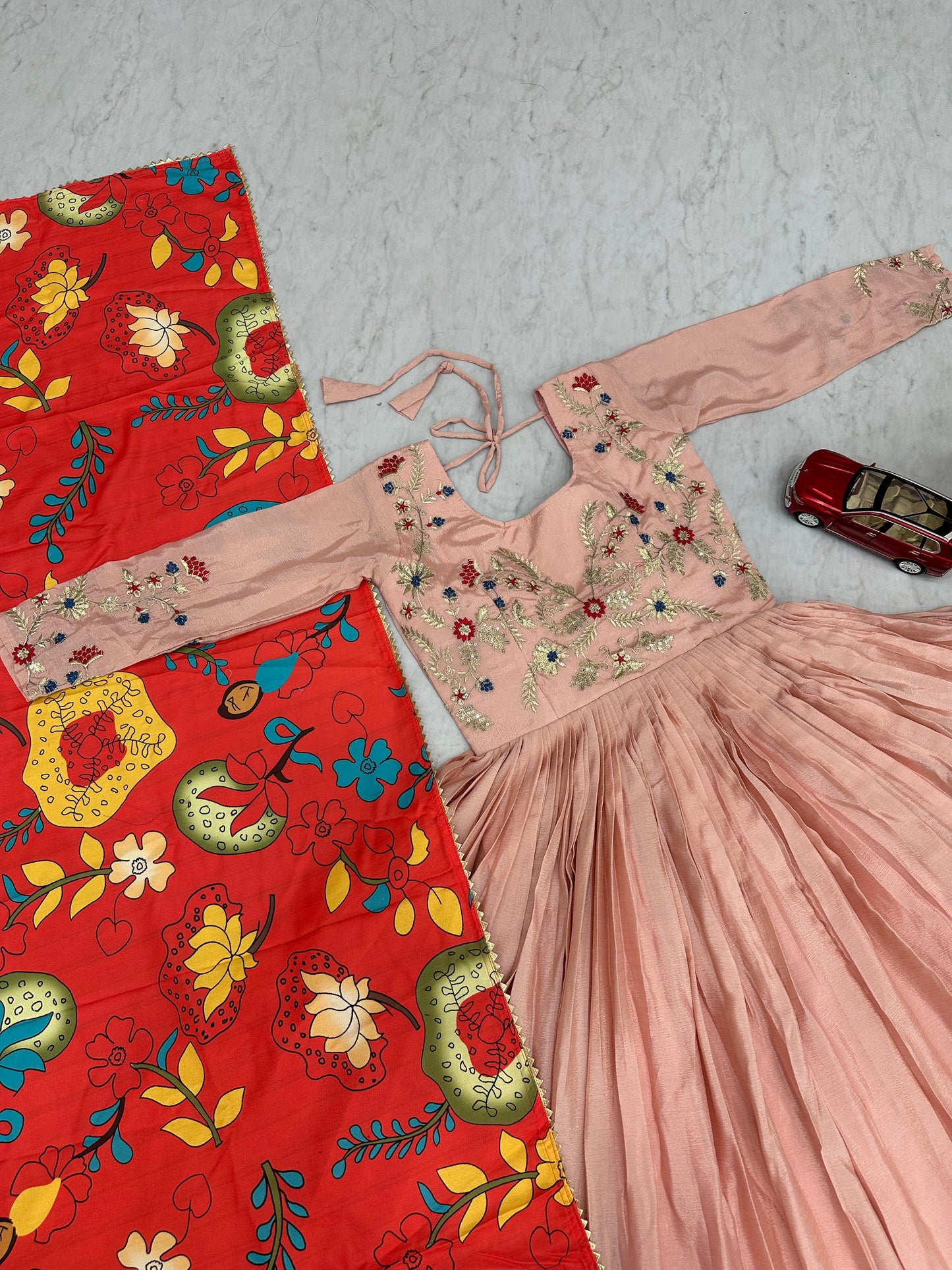 Pink 3 Meter Flair Embroidered Chinon Gown with a stunning Kalamkari-print dupatta