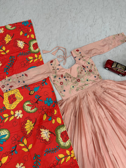 Pink 3 Meter Flair Embroidered Chinon Gown with a stunning Kalamkari-print dupatta