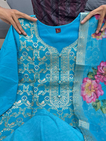 Premium Chanderi Kurti, Pant Dupatta Set with Elegant Jacquard Weaving Work