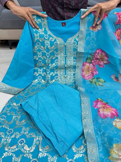 Premium Chanderi Kurti, Pant Dupatta Set with Elegant Jacquard Weaving Work