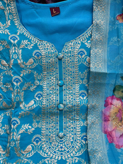 Premium Chanderi Kurti, Pant Dupatta Set with Elegant Jacquard Weaving Work