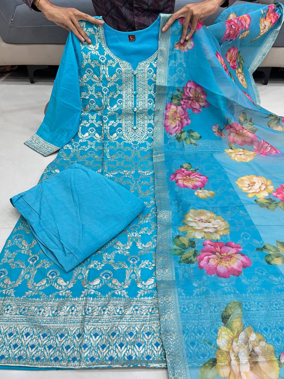 Premium Chanderi Kurti, Pant Dupatta Set with Elegant Jacquard Weaving Work