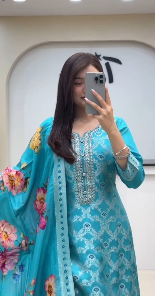 Premium Chanderi Kurti, Pant Dupatta Set with Elegant Jacquard Weaving Work