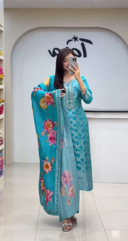 Premium Chanderi Kurti, Pant Dupatta Set with Elegant Jacquard Weaving Work