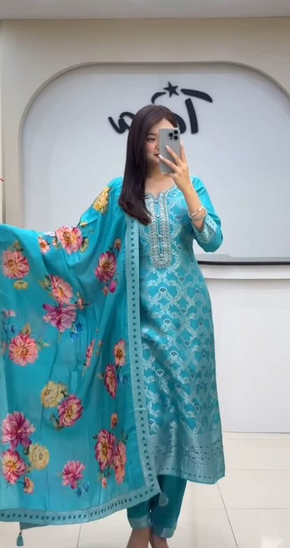 Premium Chanderi Kurti, Pant Dupatta Set with Elegant Jacquard Weaving Work