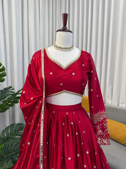 Japan Satin Fabric 3.5 Meters Flared Lehenga Choli Set With Thread Embroidery With Sequin Detailing Work