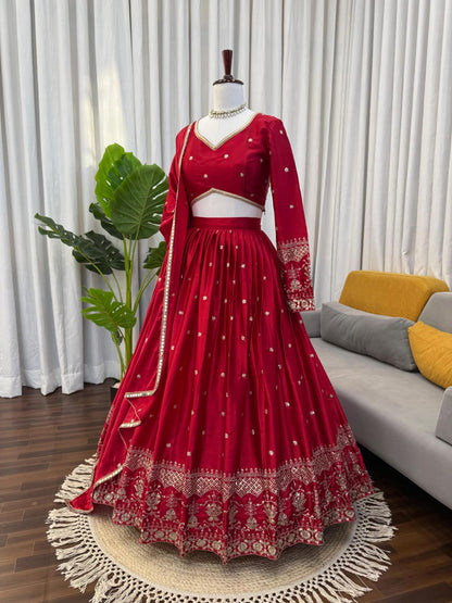 Japan Satin Fabric 3.5 Meters Flared Lehenga Choli Set With Thread Embroidery With Sequin Detailing Work