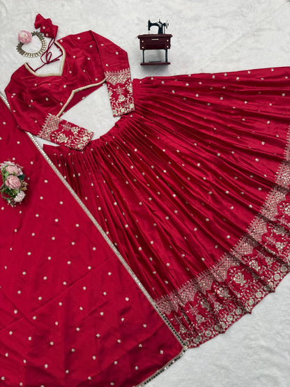 Japan Satin Fabric 3.5 Meters Flared Lehenga Choli Set With Thread Embroidery With Sequin Detailing Work