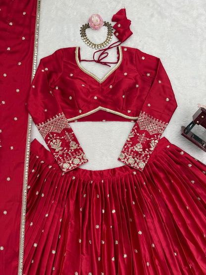 Japan Satin Fabric 3.5 Meters Flared Lehenga Choli Set With Thread Embroidery With Sequin Detailing Work