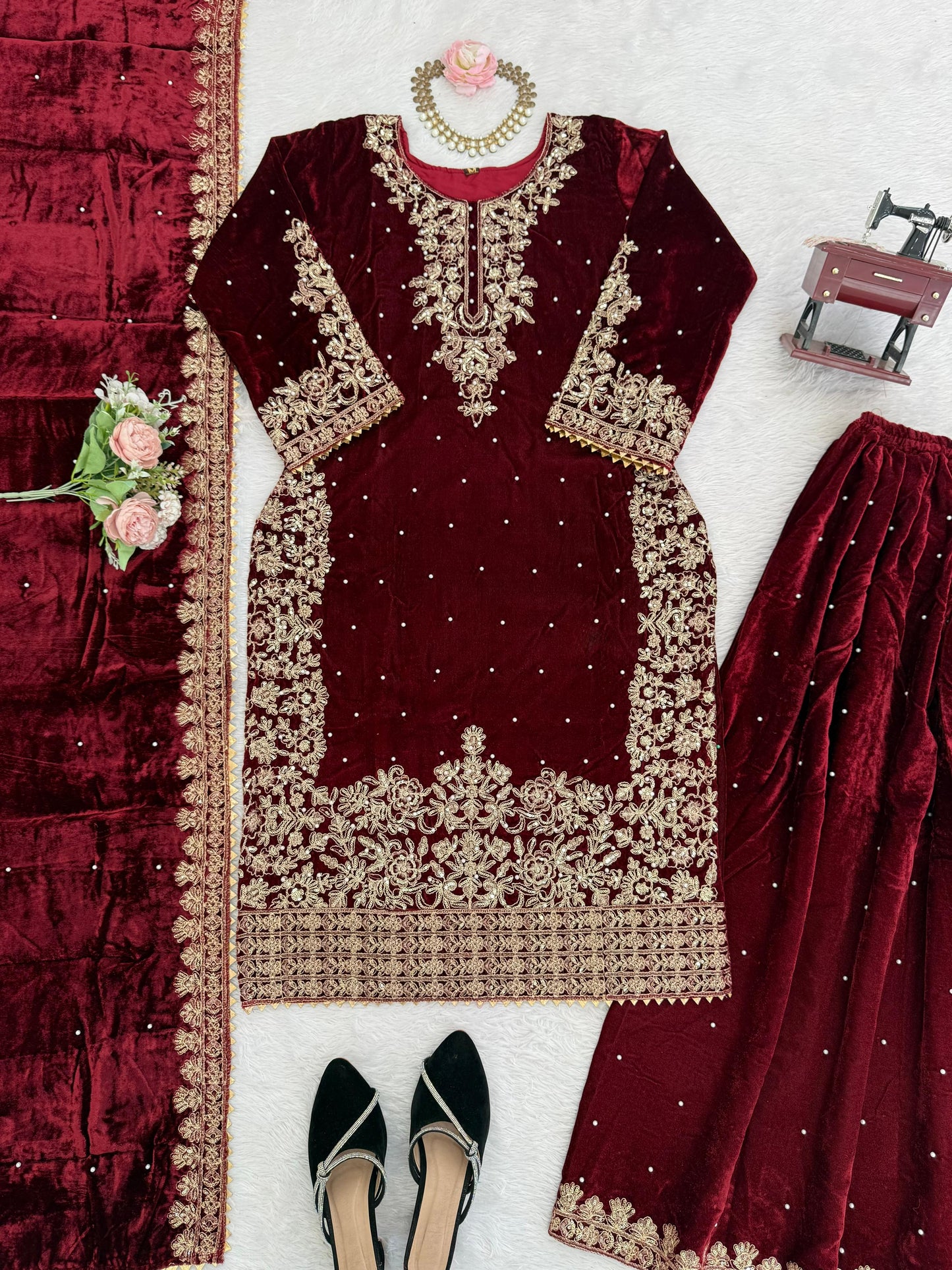 Premium Viscose Velvet Embroidered Suit Set – Top, Plazo & Dupatta