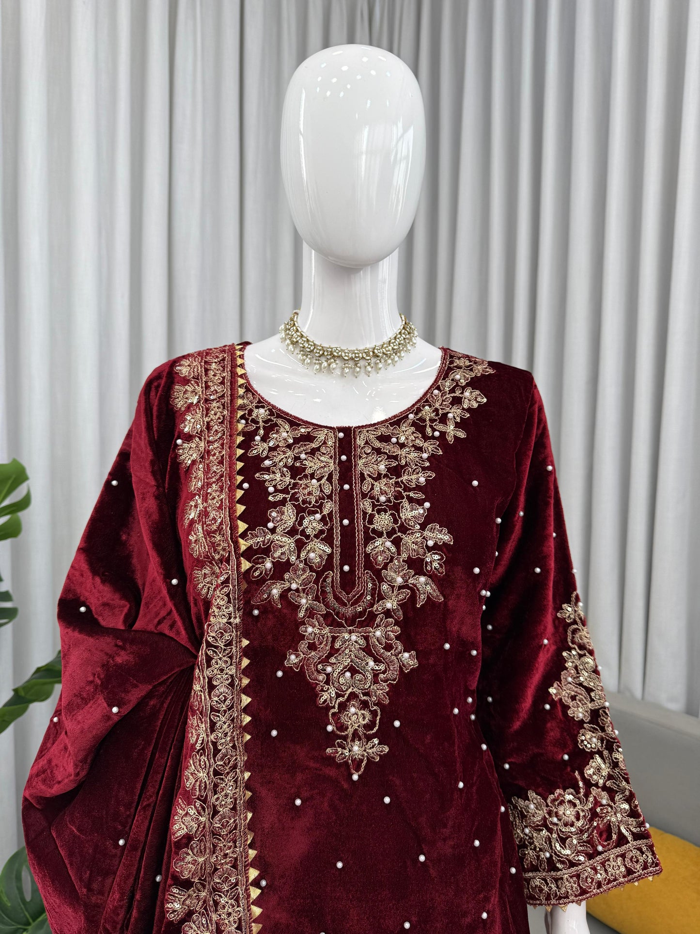 Premium Viscose Velvet Embroidered Suit Set – Top, Plazo & Dupatta