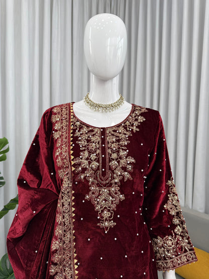 Premium Viscose Velvet Embroidered Suit Set – Top, Plazo & Dupatta