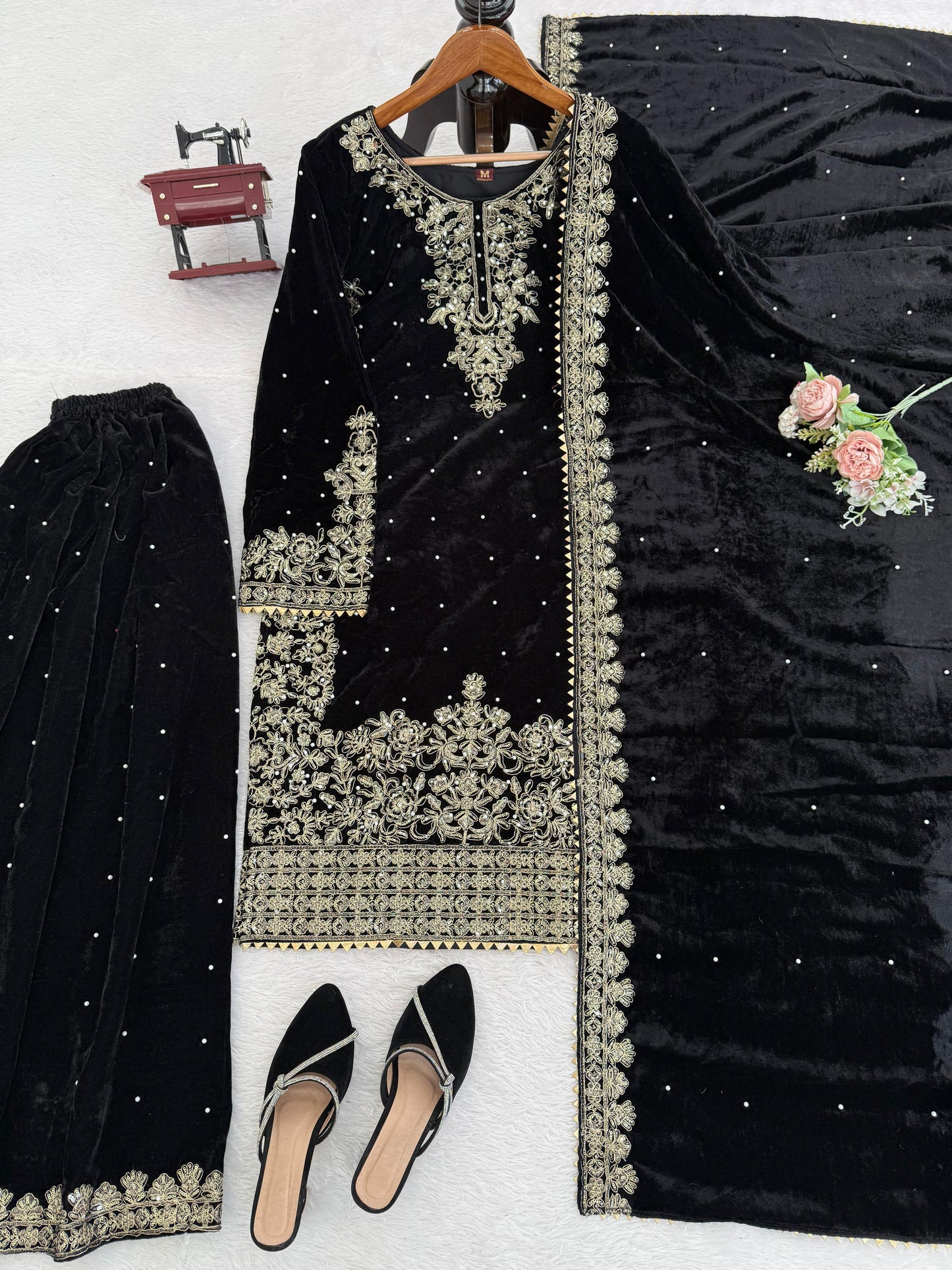 Premium Viscose Velvet Embroidered Suit Set – Top, Plazo & Dupatta