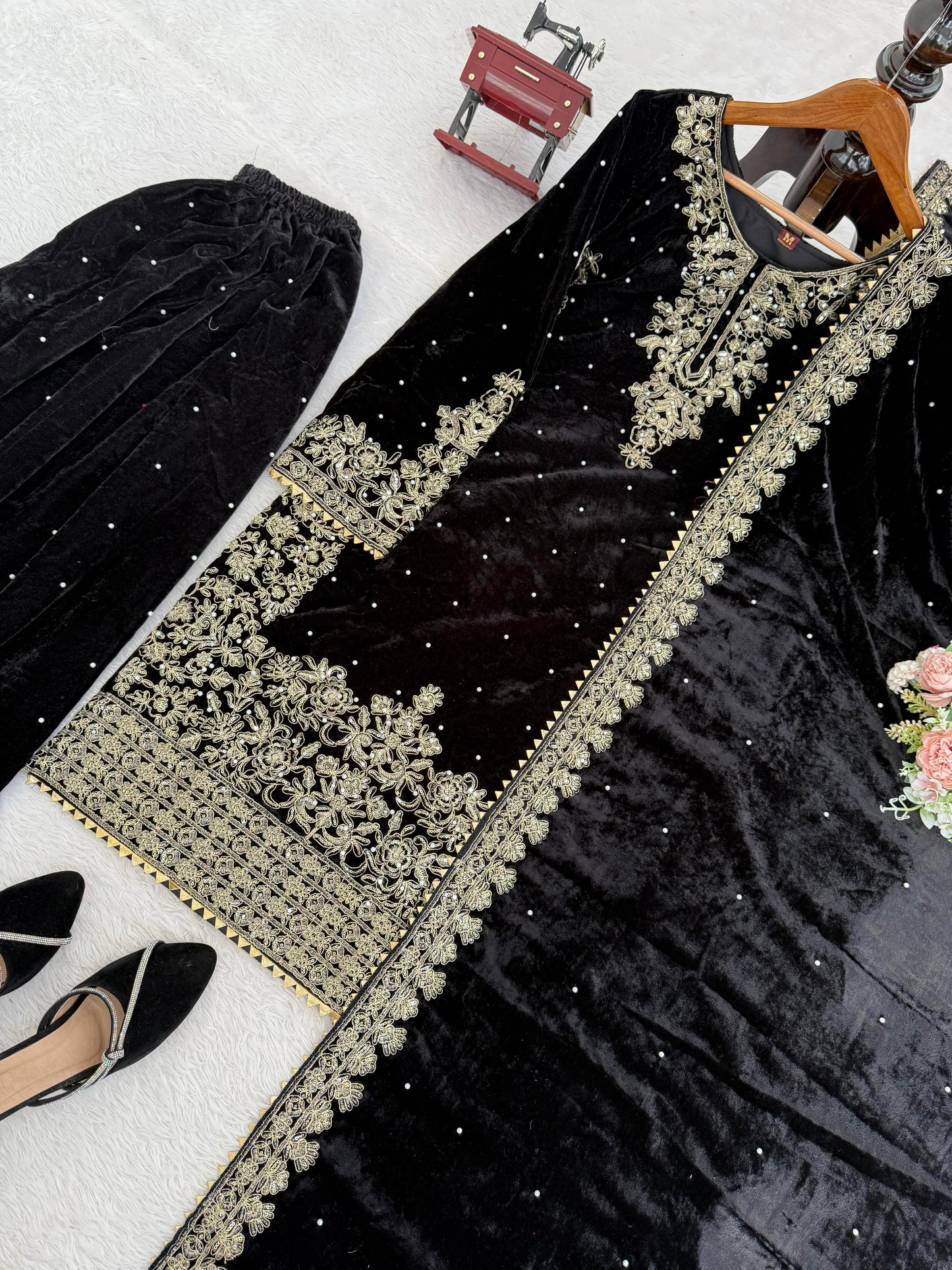Premium Viscose Velvet Embroidered Suit Set – Top, Plazo & Dupatta