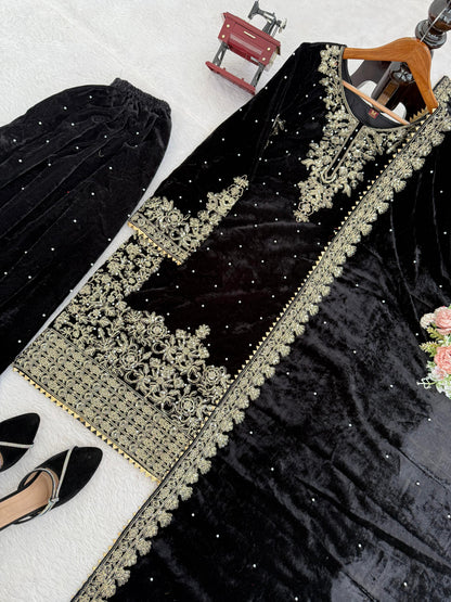Premium Viscose Velvet Embroidered Suit Set – Top, Plazo & Dupatta