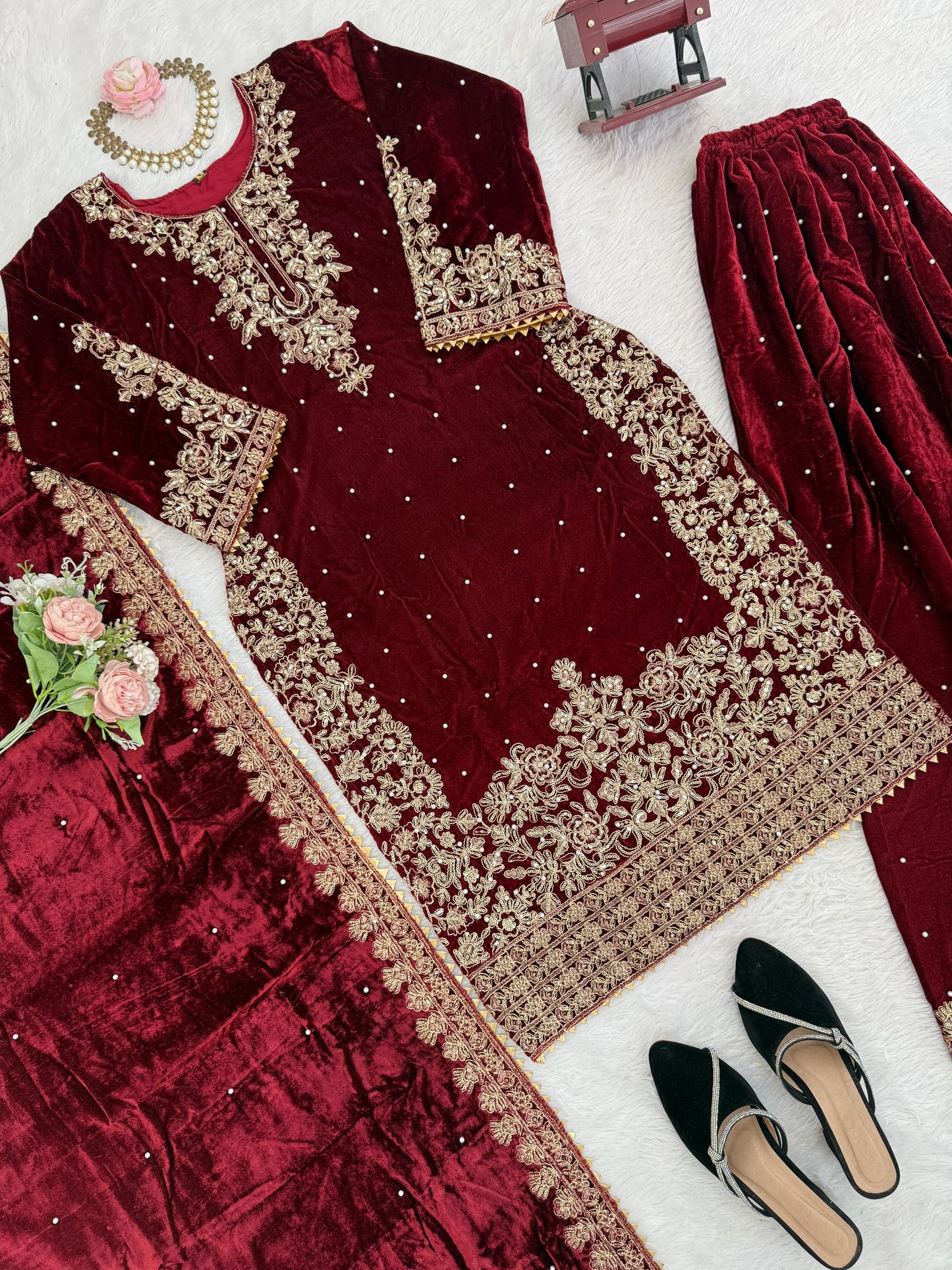 Premium Viscose Velvet Embroidered Suit Set – Top, Plazo & Dupatta