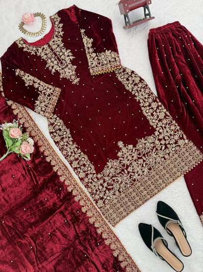 Premium Viscose Velvet Embroidered Suit Set – Top, Plazo & Dupatta