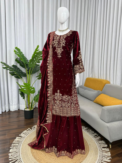 Premium Viscose Velvet Embroidered Suit Set – Top, Plazo & Dupatta