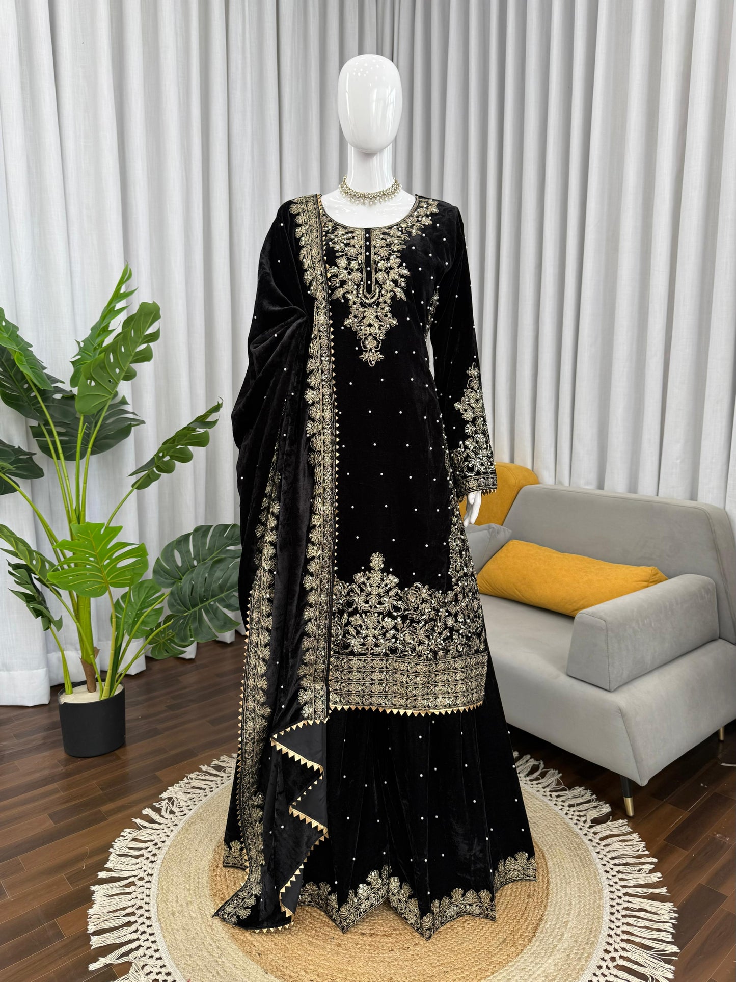 Premium Viscose Velvet Embroidered Suit Set – Top, Plazo & Dupatta