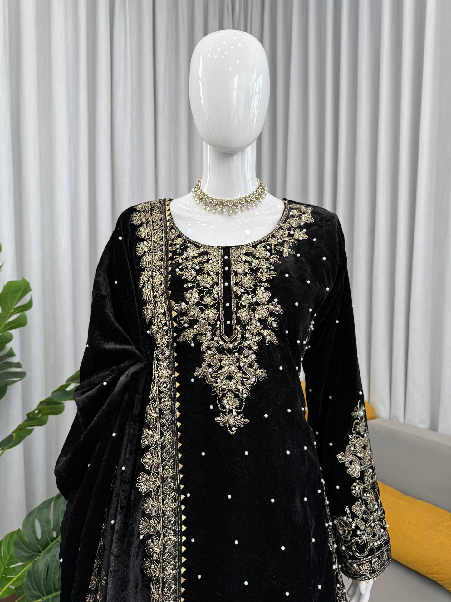Premium Viscose Velvet Embroidered Suit Set – Top, Plazo & Dupatta