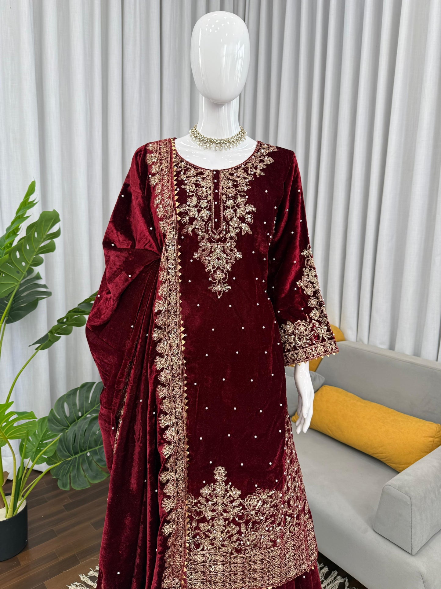 Premium Viscose Velvet Embroidered Suit Set – Top, Plazo & Dupatta