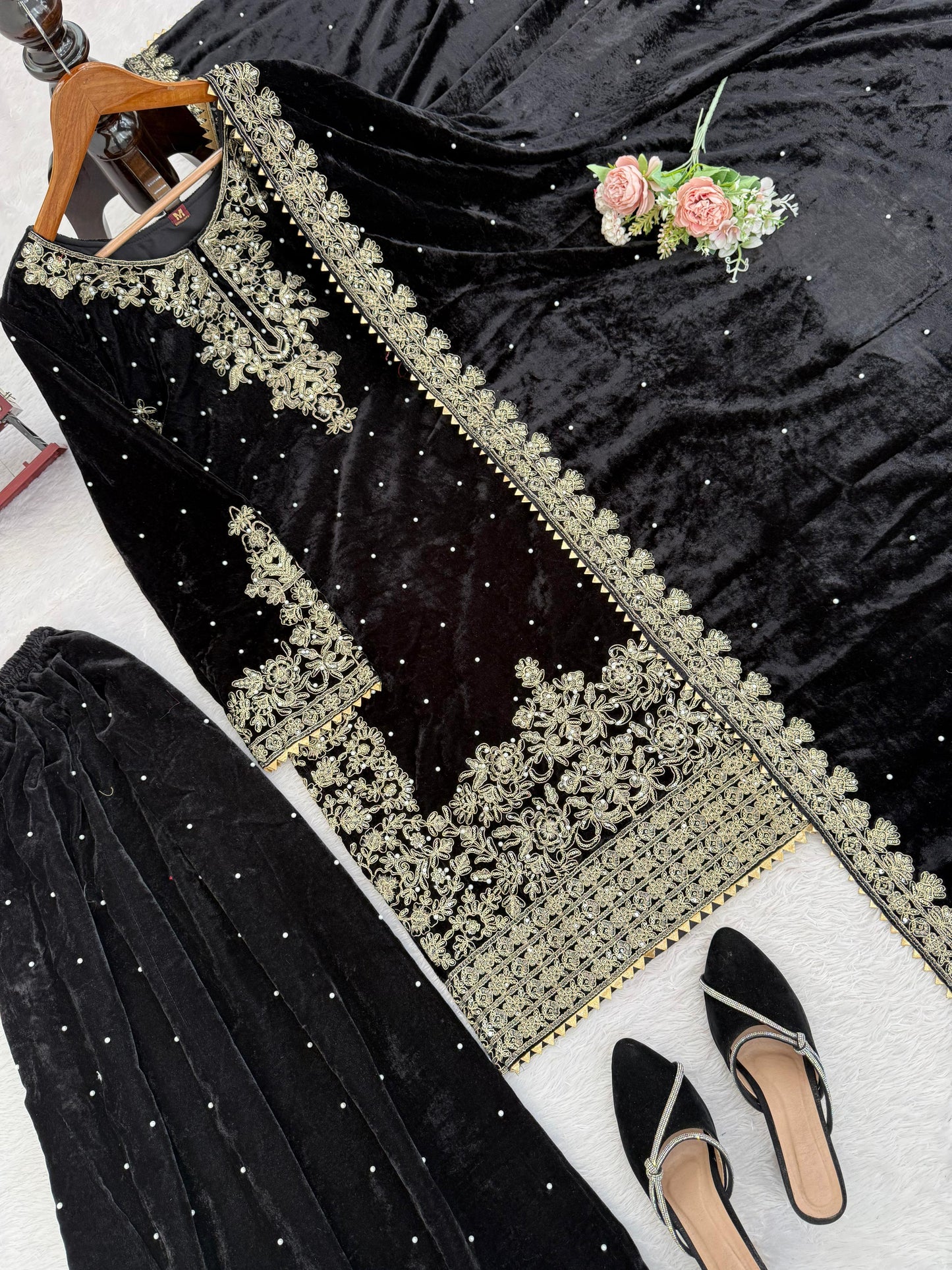 Premium Viscose Velvet Embroidered Suit Set – Top, Plazo & Dupatta