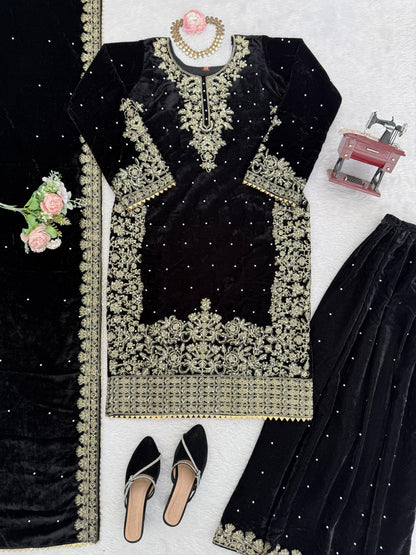 Premium Viscose Velvet Embroidered Suit Set – Top, Plazo & Dupatta